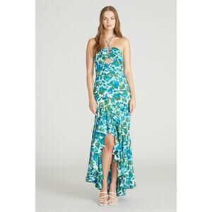 AMUR Blue and Green Floral Strapless Maxi Dress